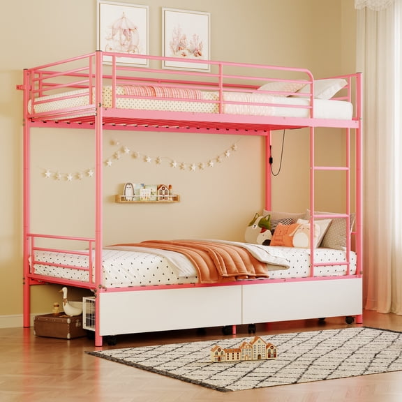 Twin over Twin Bunk Bed with USB Charging Station, Convertible Splits into 2 Beds, Metal Frame with Storage Space, Safety Guardrail & Ladders, No Box Spring Needed, Pink
