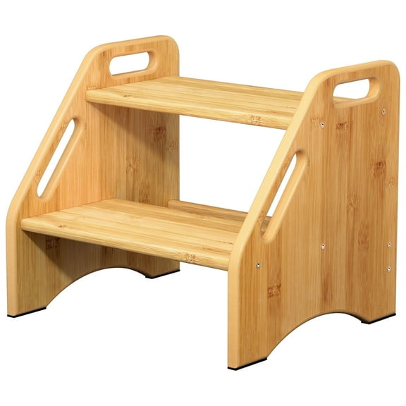 Jouetondream Two Step Stools, Bamboo Step Stool for kids, Non-Slip Toddler Stool with Handles for Bathroom, Bedside, kitchen, Living room, Natural