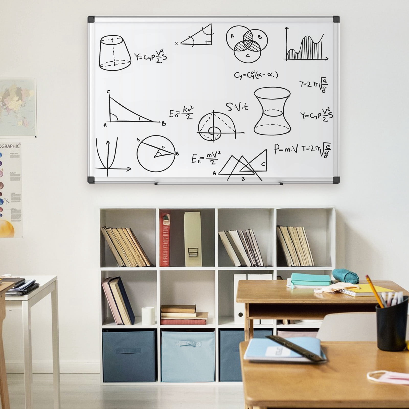 MCQ Magnetic Dry Erase Board: 36 x 24 Inches, Dual Mounting Options, Left and Right Removable Pen Tray, Silver Aluminium Frame, White