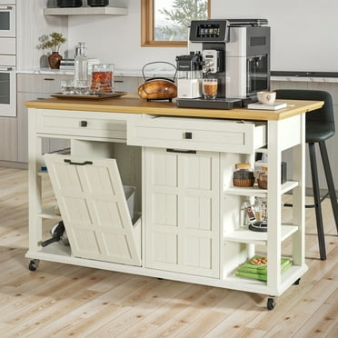 Uforic Kitchen Island Cart with Power Outlets & Trash Cabinet, Island Table with Drop Leaf, White