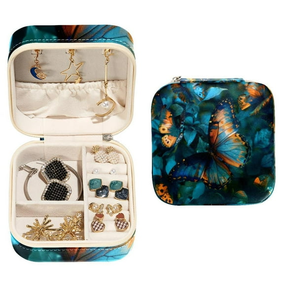 PhooArto Small Jewellery Box, Butterfly Blue Pattern Portable Travel Mini Jewelry Case for Women Leather Ring Organizer
