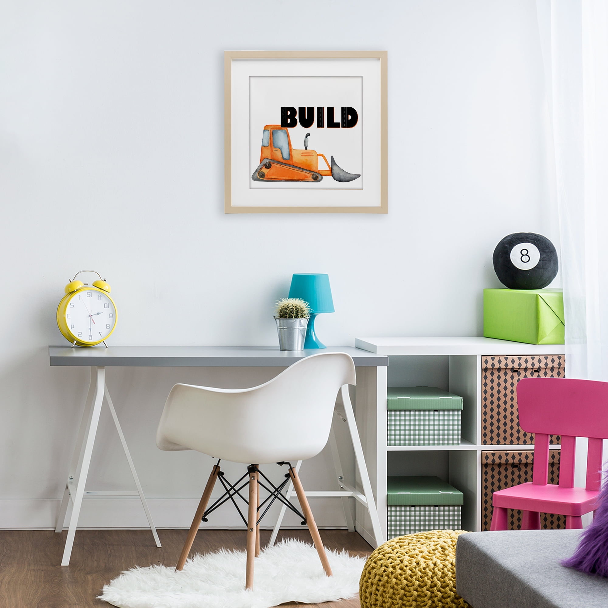 Build with Orange Bulldozer Birch Framed Print Under Glass, design by Kim Allen
