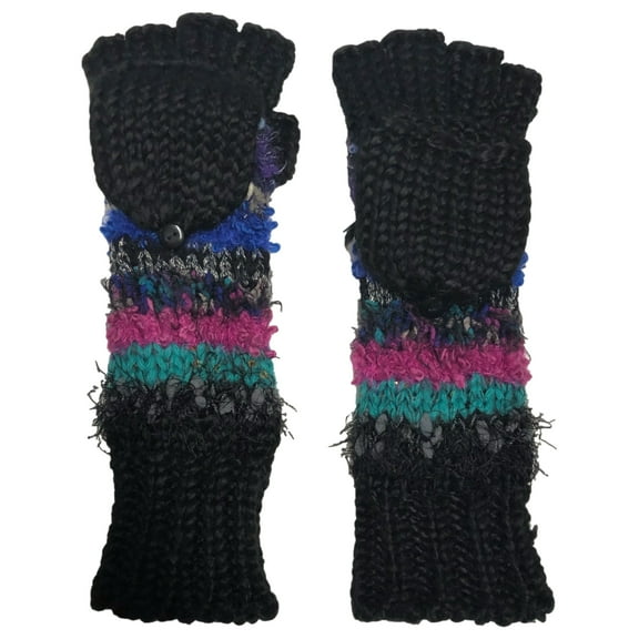Womens Silky Long Black Purple Knit Convertible Fingerless Gloves & Mitten Tops