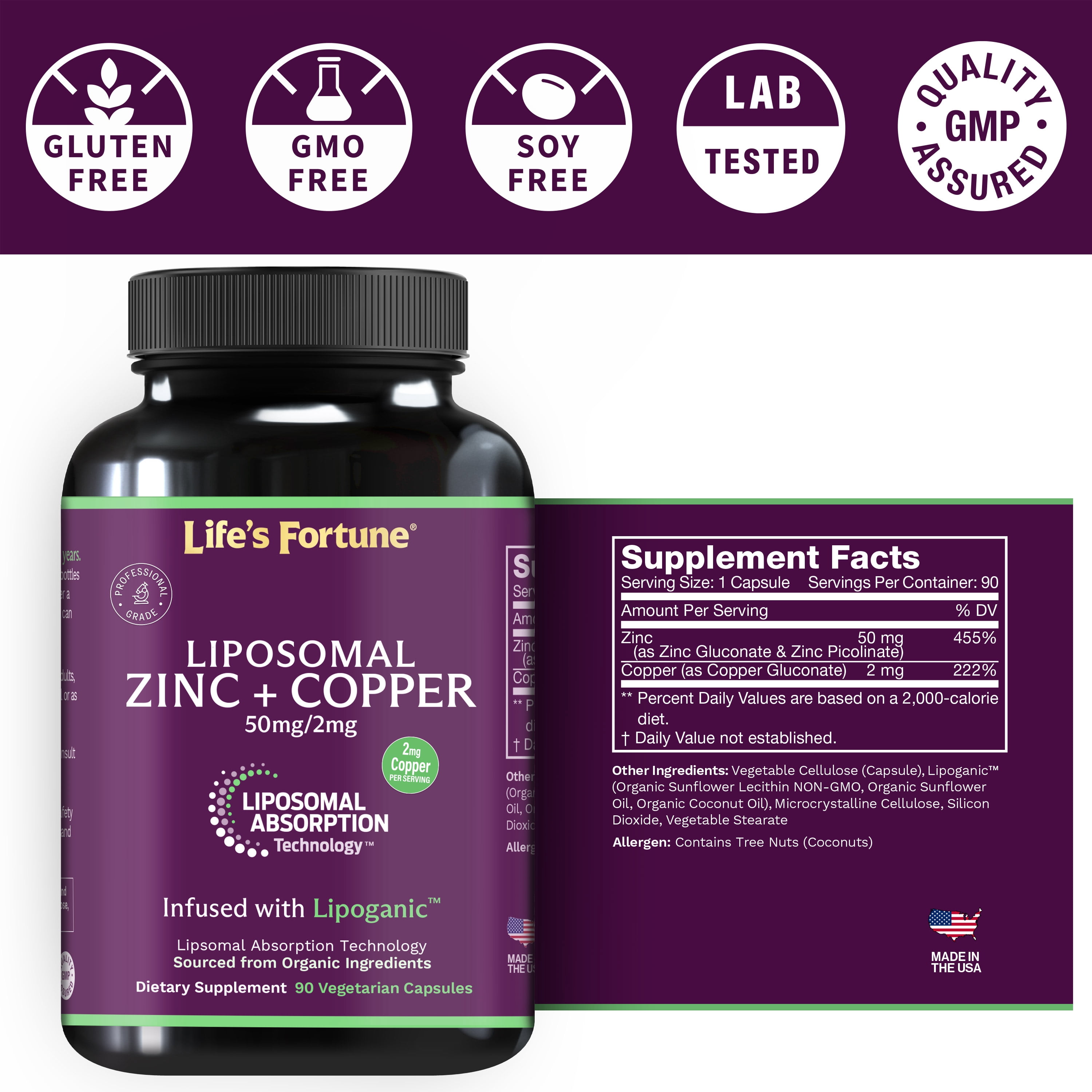 Life's Fortune Zinc Supplement, 50mg Zinc Citrate, 90 Capsules, Zinc Supplement, Immune Support Formula