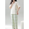 thumbnail image 5 of Cotton Women Pajama Set 2 Pcs Short Sleeve Pullover Top Sleepwear Long PJ Pants, 5 of 7