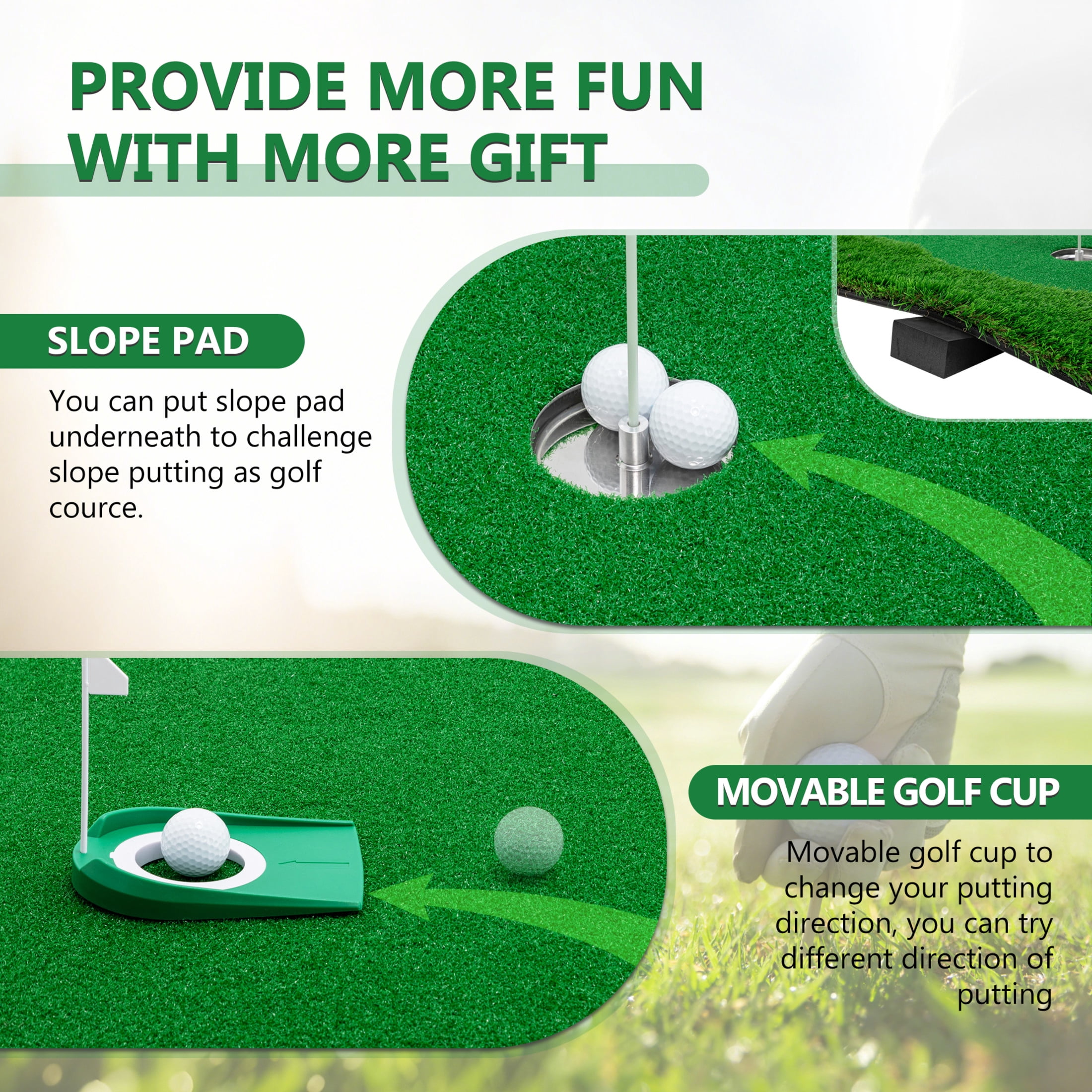Noble House 12x5 FT Professional Golf Putting Mat with Hole Cups and Non-Slip Rubber Base, Indoor Outdoor Use, Green