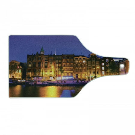 

Dutch Cutting Board Cityscape Photo of Amsterdam with Historical Buildings and Canal at Night Decorative Tempered Glass Cutting and Serving Board in 3 Sizes by Ambesonne