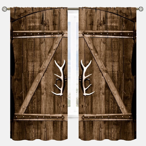 Rustic Barn Door Curtains Western Farmhouse Brown Wooden Barnwood Vintage Country Garage Door Bedroom Deer Antler Wood Living Room Window Drapes 2 Panels 84x84 Inch
