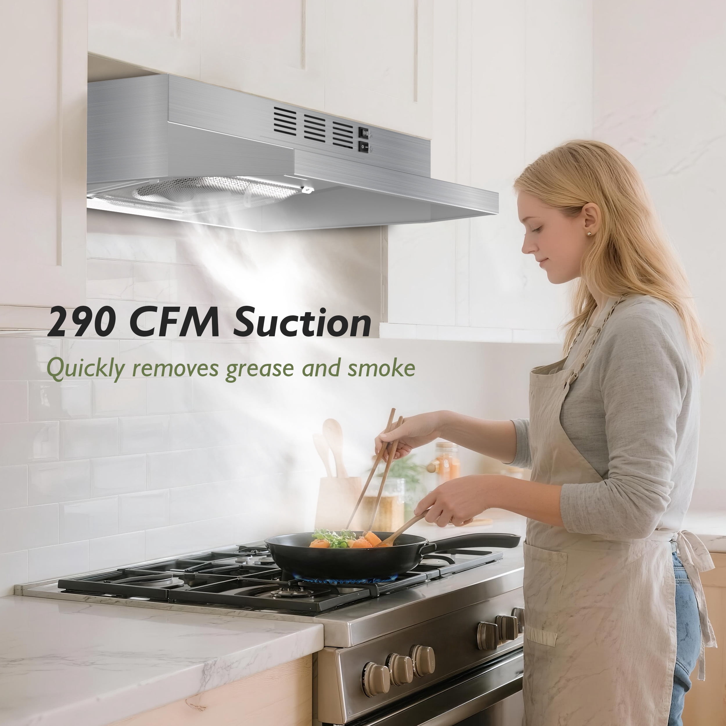 FIREGAS Range Hood 24 inch Under Cabinet Range Hood with 2 Speed Exhaust Fan, 290 CFM,Stainless Steel