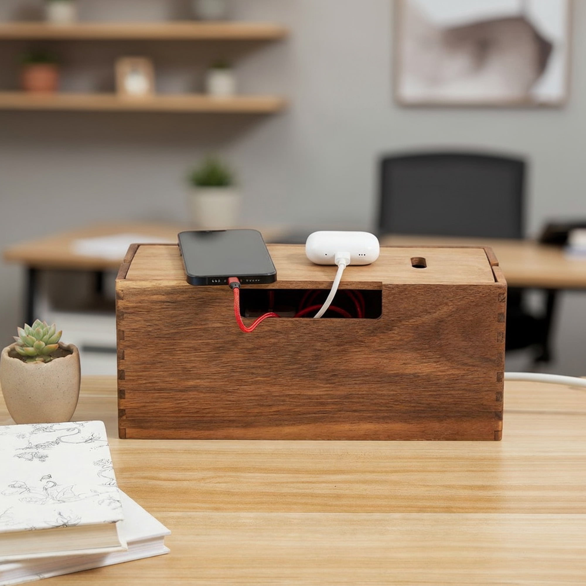 Ngardk Acacia Cable Management Box, Cable Organizer Box, 12.2"*5.1"X5.1". Pack of 1, Natural Wood