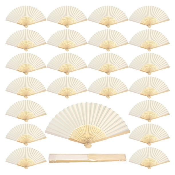 Abanico de mano, papel blanco, bambú, plegable, 60 unidades