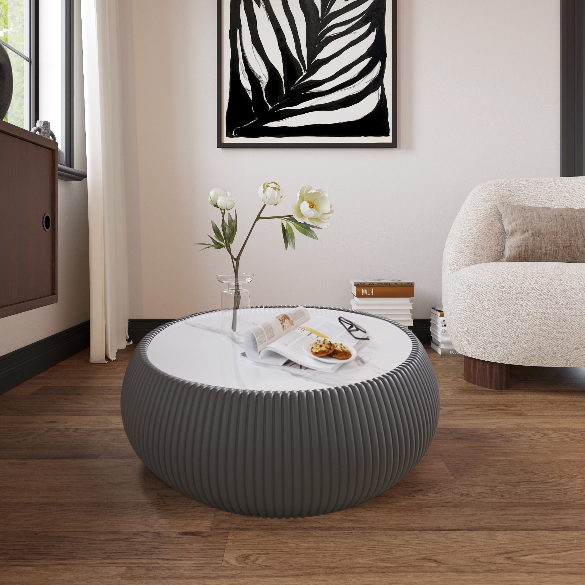 Leumius Round Coffee Table,Cylinder Shape Leather Coffee Modern Sofa Table for Living Room, Bedroom and Outdoor Home Decor Grey