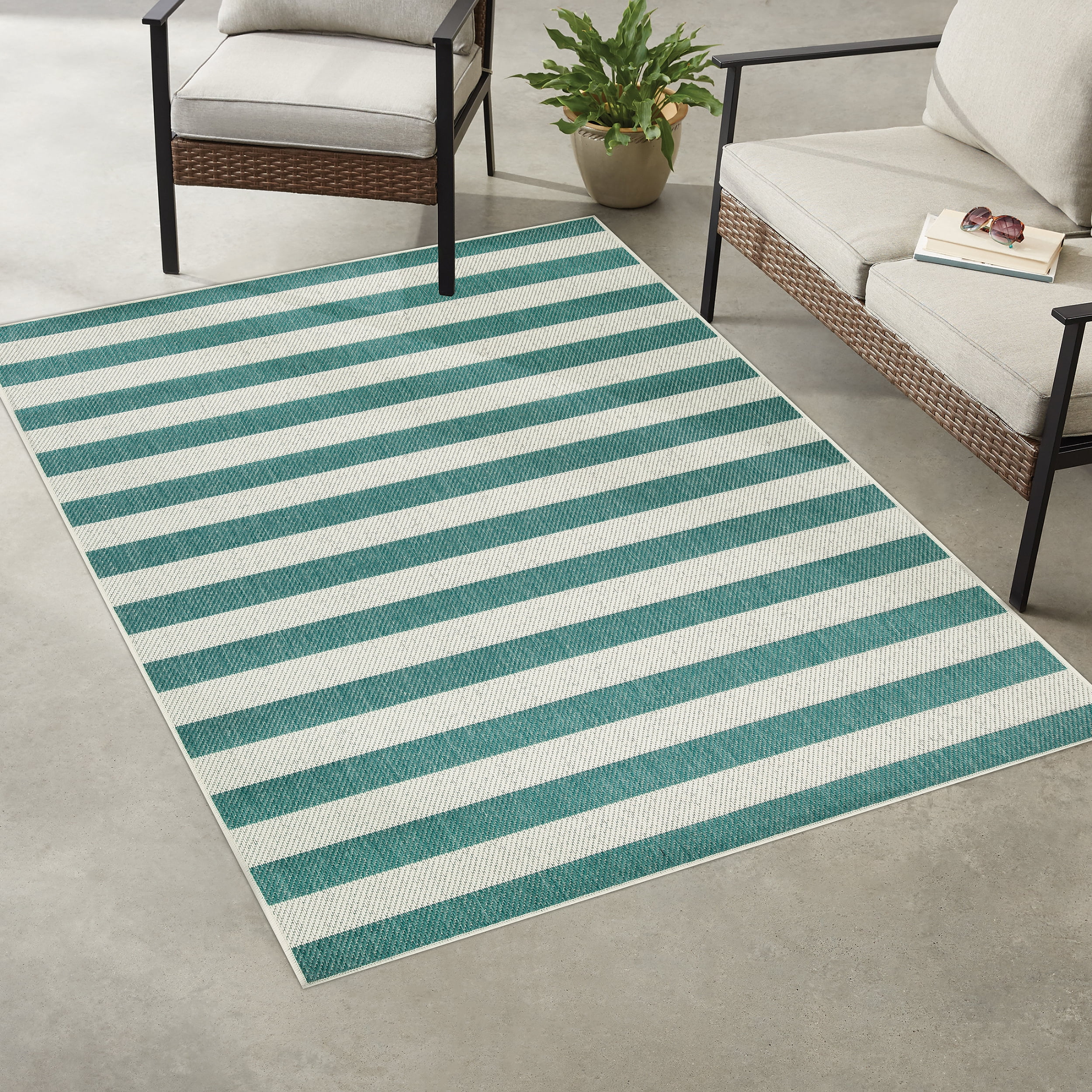 Mainstays Teal and White Striped Southwest Cabana Woven Outdoor Rug, 5' x 7'