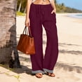 thumbnail image 3 of VBVC Women's Striped Cuffed Linen Wide Leg Pants,Drawstring Elastic Waist Casual Bottoms For Women,Ladies Comfy Beach Summer Trousers with Pockets,Wine,S-3XL, 3 of 10