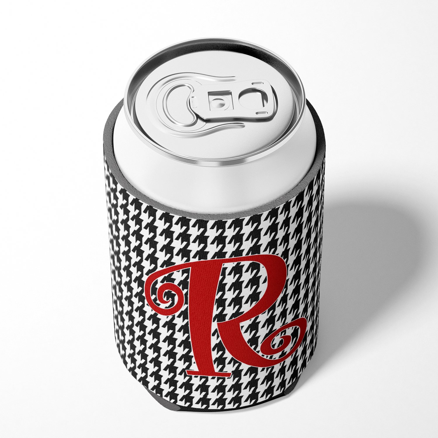 Letter R Initial Monogram - Houndstooth Black Can or Bottle Hugger