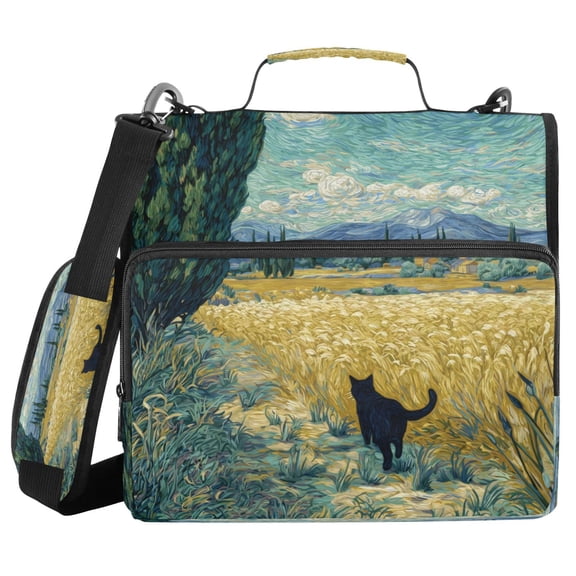 Water-Resistant 3-Ring Binder Organizer with Multiple Pockets Zipper Binder Bag for Office Black Cat Walking Fields