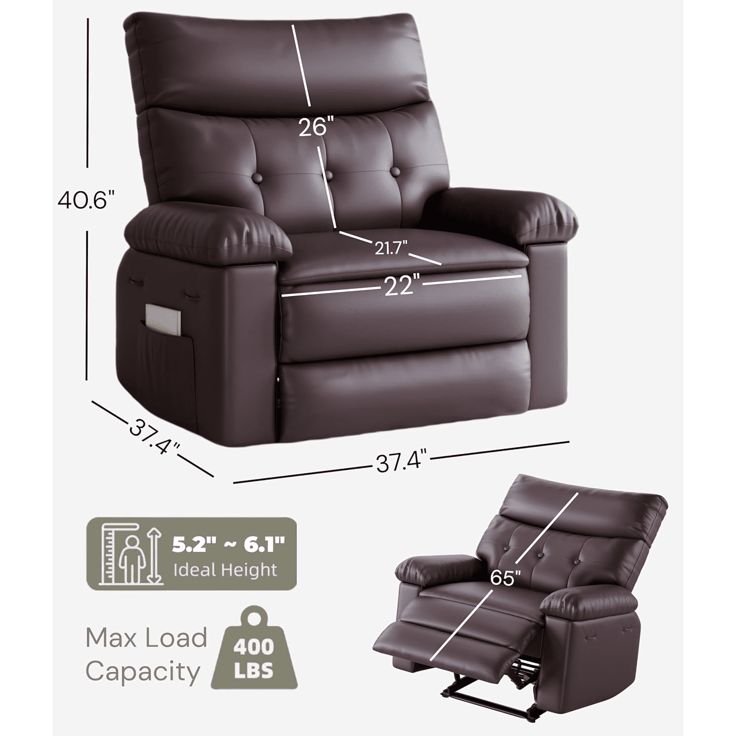 Oversized Manual Recliner Chairs for Adults, PU Leather Small Recliner Chair with 90° - 150° Adjustable Back,Lazy Boy Single Sofa Chairs for Small Space
