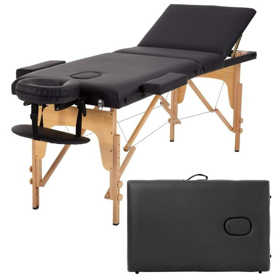 NiamVelo 72 Inch Massage Table Portable Massage Bed 3 Fold Adjustable Spa Bed  Facial Cradle Salon Bed with Wooden Legs & Carry Case, Hold Up to 500Lbs,Black
