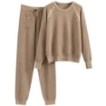 thumbnail image 3 of Jinhomg Women's 2 Piece Outfits Sweater Sets Casual Solid Cotton Knit Matching Lounge Set Comfy Long Sleeve Crewneck Pullover with Drawstring Waist Pant Khaki Free Size, 3 of 8