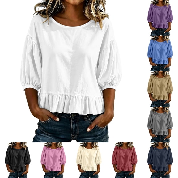 Women's Puff Half Sleeve Peplum Tops Loose Fit Blouse Casual Work Business Summer Shirts Keyhole Back Tie Neck