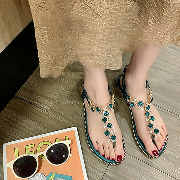 EQWLJWE Walking Sandals Women Thong Sandals Elastic T Strap Flip Flops Flats Ladies Vintage Summer Low Heel Sandals Casual Flat Shoes for Bar Club Birthday