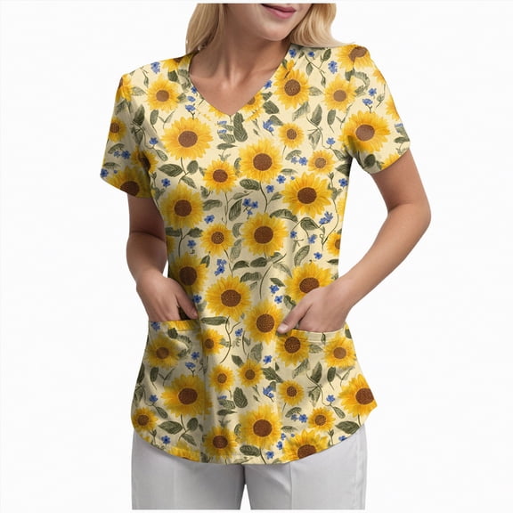 mgoYE Butterfly-Printed Scrub Tops for Women Stretchy Short Sleeve V-neck Cute Nurse Working Uniforms with 2 Pockets(Yellow,2XL)