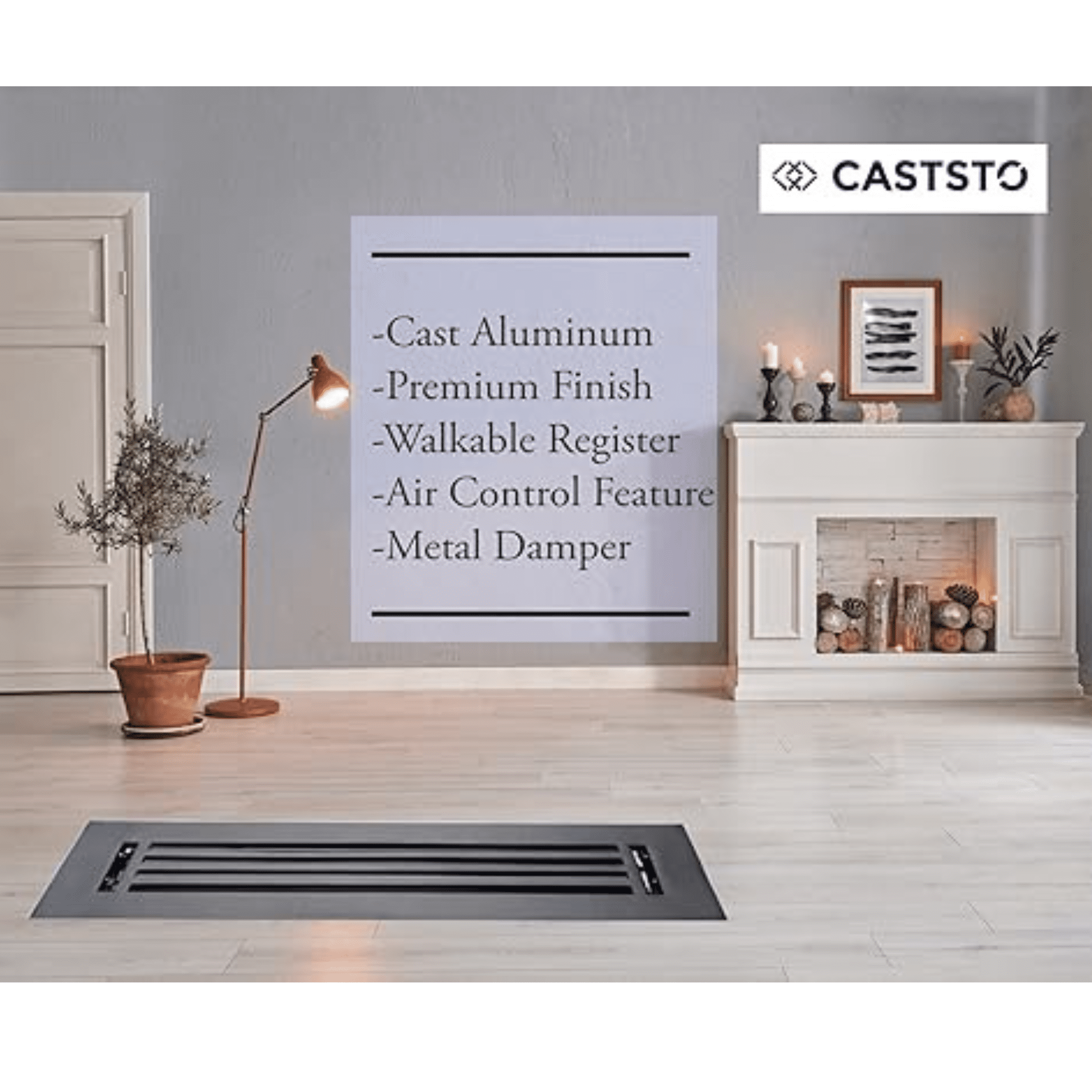 2"x10" (Duct Opening) Cast Aluminum | All Metal | Walkable | Heavy Duty | Floor Register with Air Control Feature, Overall (Overall 4"x12") By Caststo- Model Express, No Holes