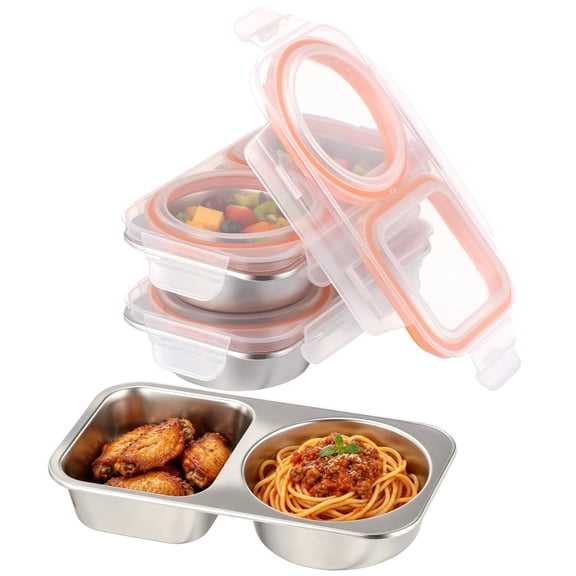 3 Pack 304 Stainless Steel Snack Containers with Lids – 2‑Compartment Airtight Food Storage Boxes, Leakproof Reusable Metal Bento Box for Office, Home & Travel, 8.3" x 4.6" x 2.0"