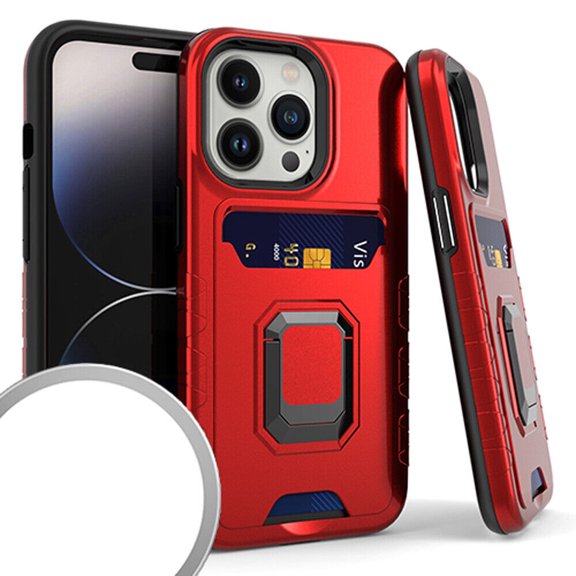 Kaleidio Case For iPhone 14 Pro Max (6.7") [Robust Hybrid] Protective Card Slot [Magnetic Ring Stand] Impact Cover [Red/Black]