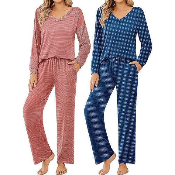 Ekouaer Womens 2 Pack Pajama Sets Long Sleeve Leopard Top with Pants Pjs Black Sleepwear Soft Lounge Sets
