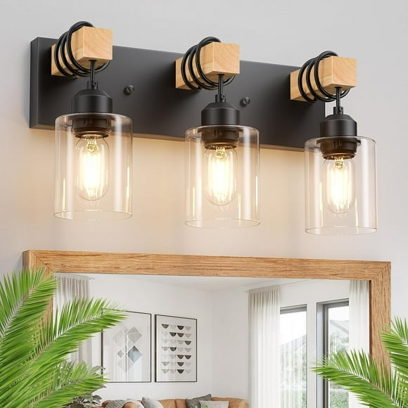 Farmhouse 3-Lights Wood Bathroom Vanity Light, Rustic Black Bathroom Light Fixtures Over Mirror, Vintage Vanity Wall Sconce Light with Clear Glass Shades for Living Room, Hallway, Bedroom