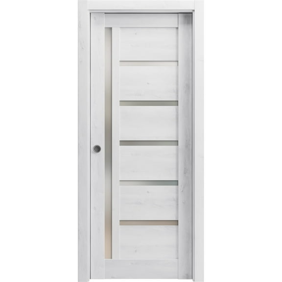 Sliding French Pocket Door 32 x 96 inches | Quadro 4088 Nordic White with Frosted Glass | Kit Trims Rail Hardware | Solid Wood Interior Bedroom Sturdy Doors