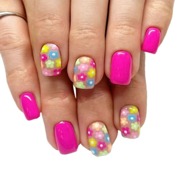 24 Pcs Short Square False Nail Solid Color Artificial Nail Colorful Flowers Stick On Nail Glossy Press On Nail