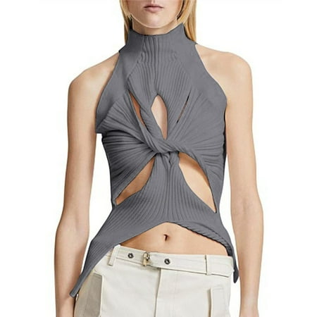 Corset Tops for Women High Neck Knitted Tank Top Sexy Going Out Twist Hollow Sleeveless Sweater Vest Workout Tops