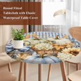 thumbnail image 5 of Round Table Cover 36-44 Inch Thanksgiving Fall Waterproof Reusable Table Cloth Round Fitted Vinyl Tablecloth with Elastic Edged for Parties Outdoors, Green Pumpkin Flowers Maple Blue Plaid, 5 of 8