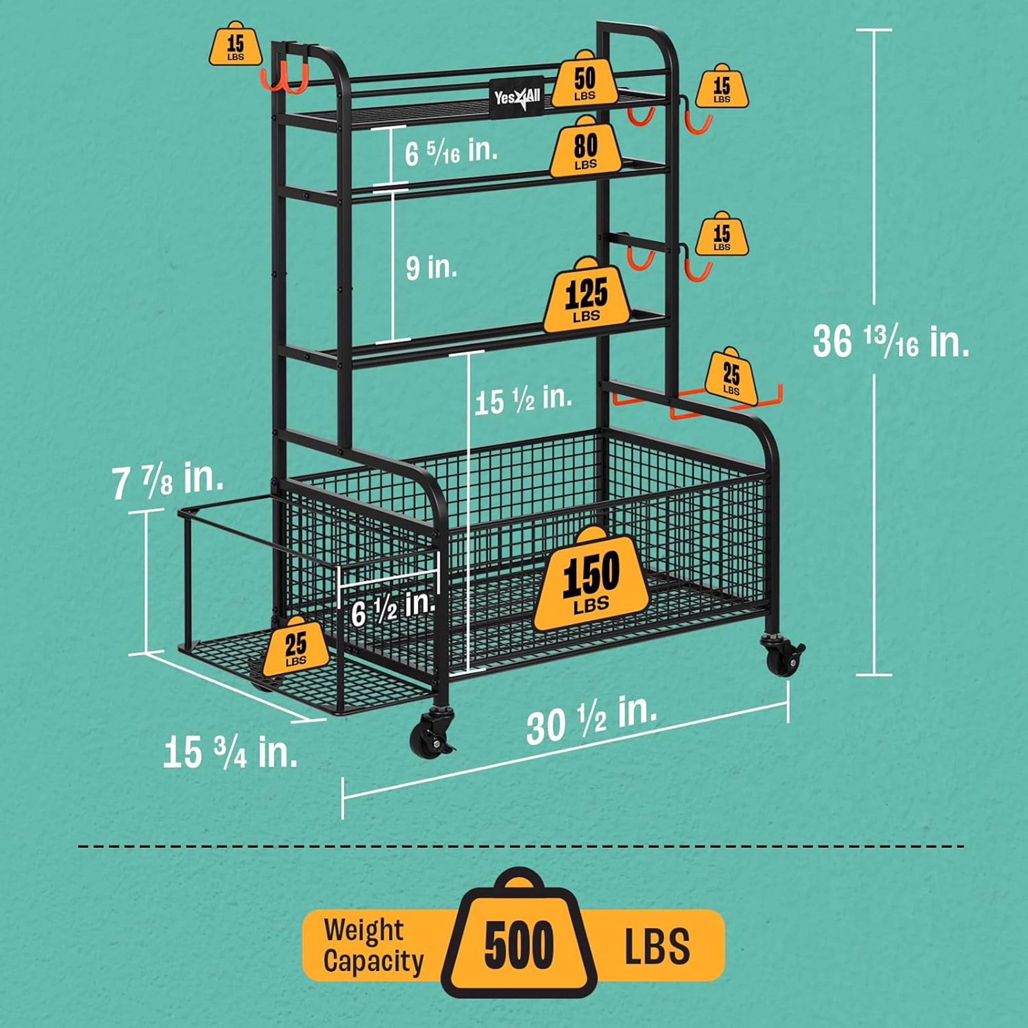 Yes4All Dumbbell Rack, Weight Rack for Home Gym, Sports Equipment Organizer for Dumbbells Kettlebells Yoga Mat Foam Roller and Balls, All in One Gym Workout Storage with Wheels and Hooks, Black