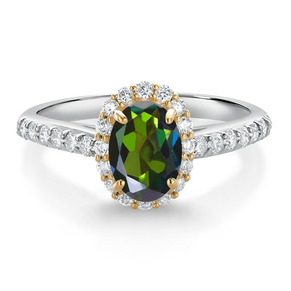 Gem Stone King 10K White Gold Tourmaline Green Mystic Topaz White White Lab Grown Diamond Halo Engagement Ring for Women (1.11 Cttw, Oval 7X5MM, Gemstone, Size 6)