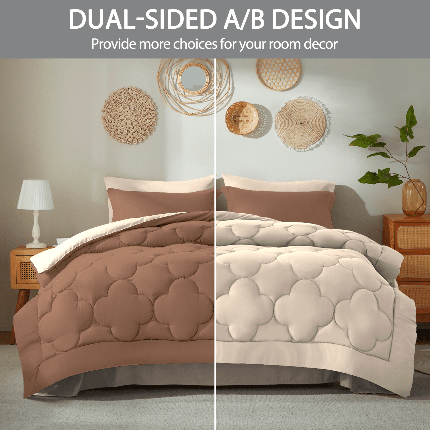 Bedtreat Full Comforter Sets，7-Pieces Reversible Bedding Sets，Bed in a Bag with Comforter， Flat Sheet and Fitted Sheet, Pillowcases & Shams，Mocha/Sand Dollar
