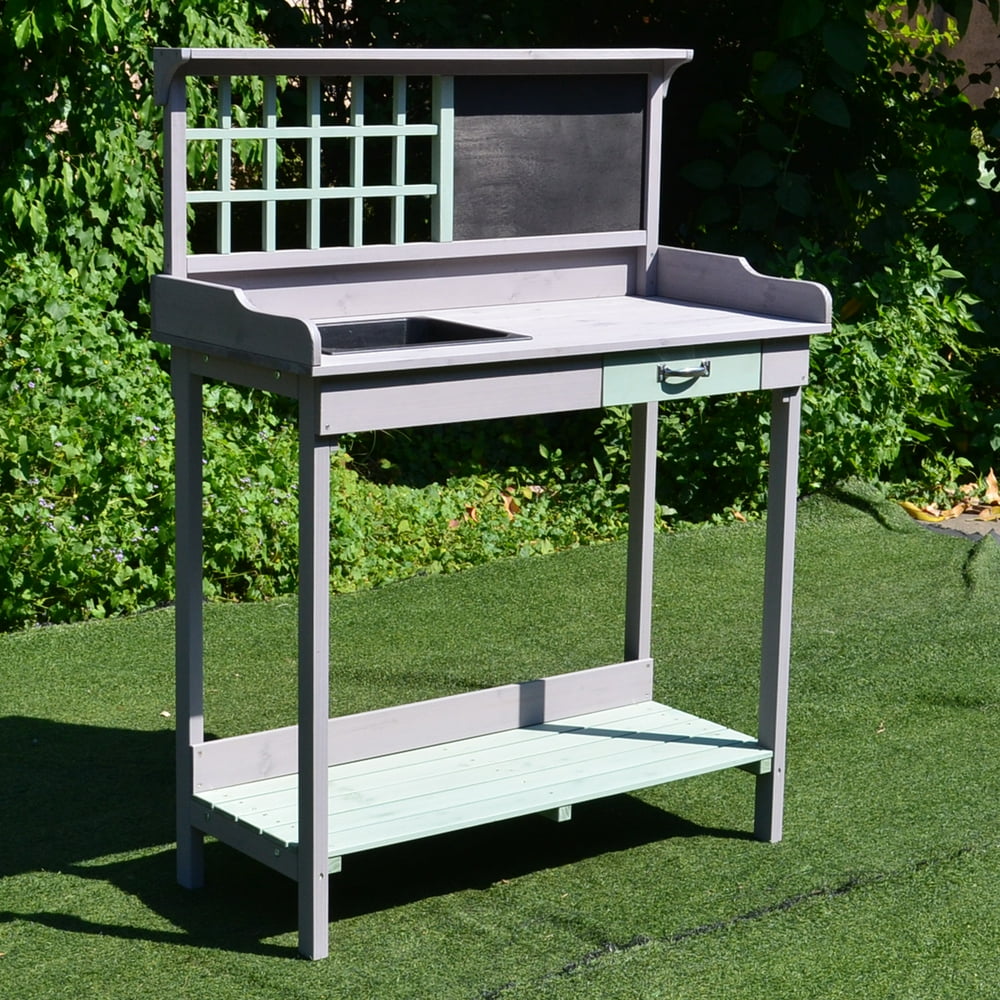 Outsunny Fir Wood Potting Bench with Sink Dark Gray