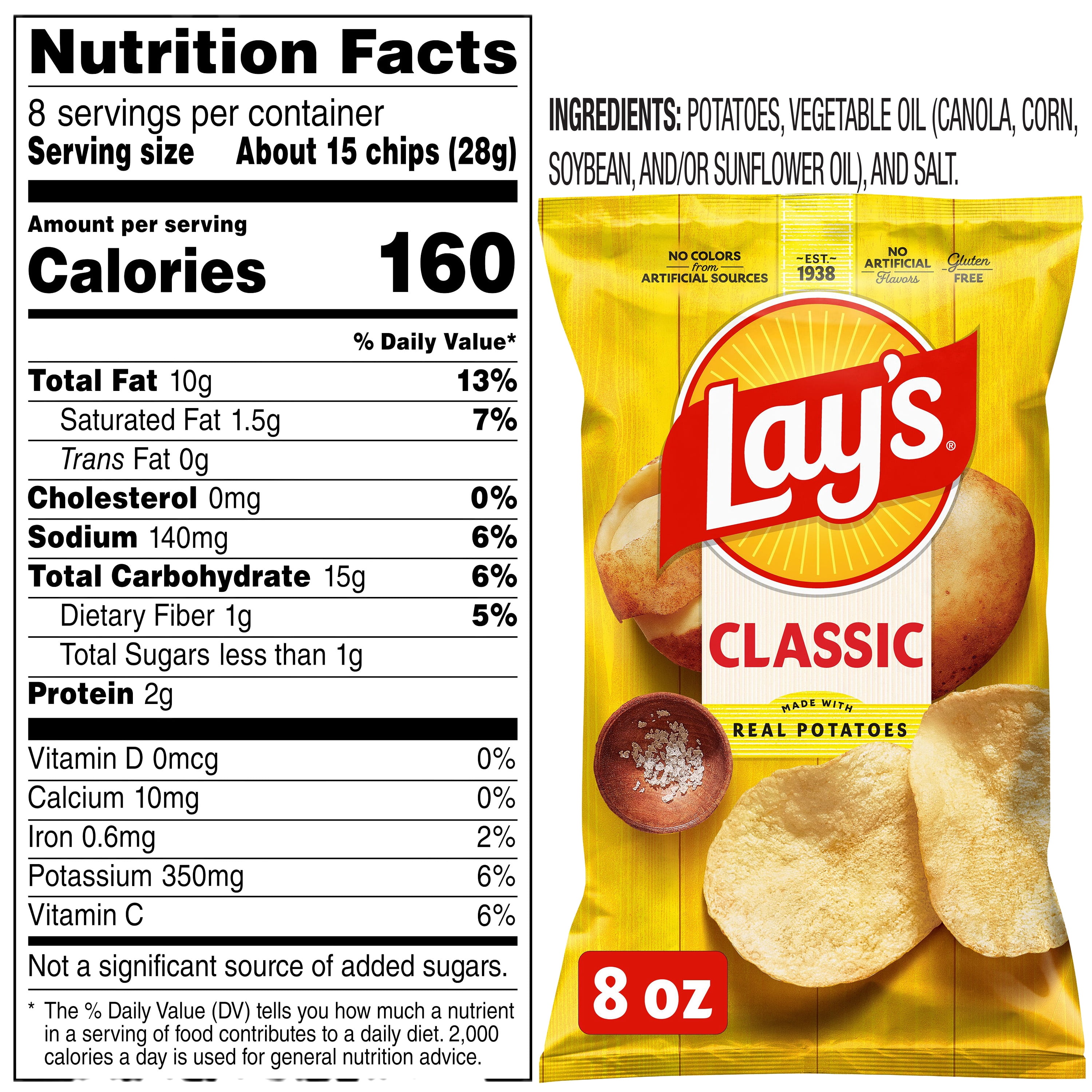 Lay's Classic Potato Chips, Gluten Free Snack, 8 oz, Kosher, Shelf