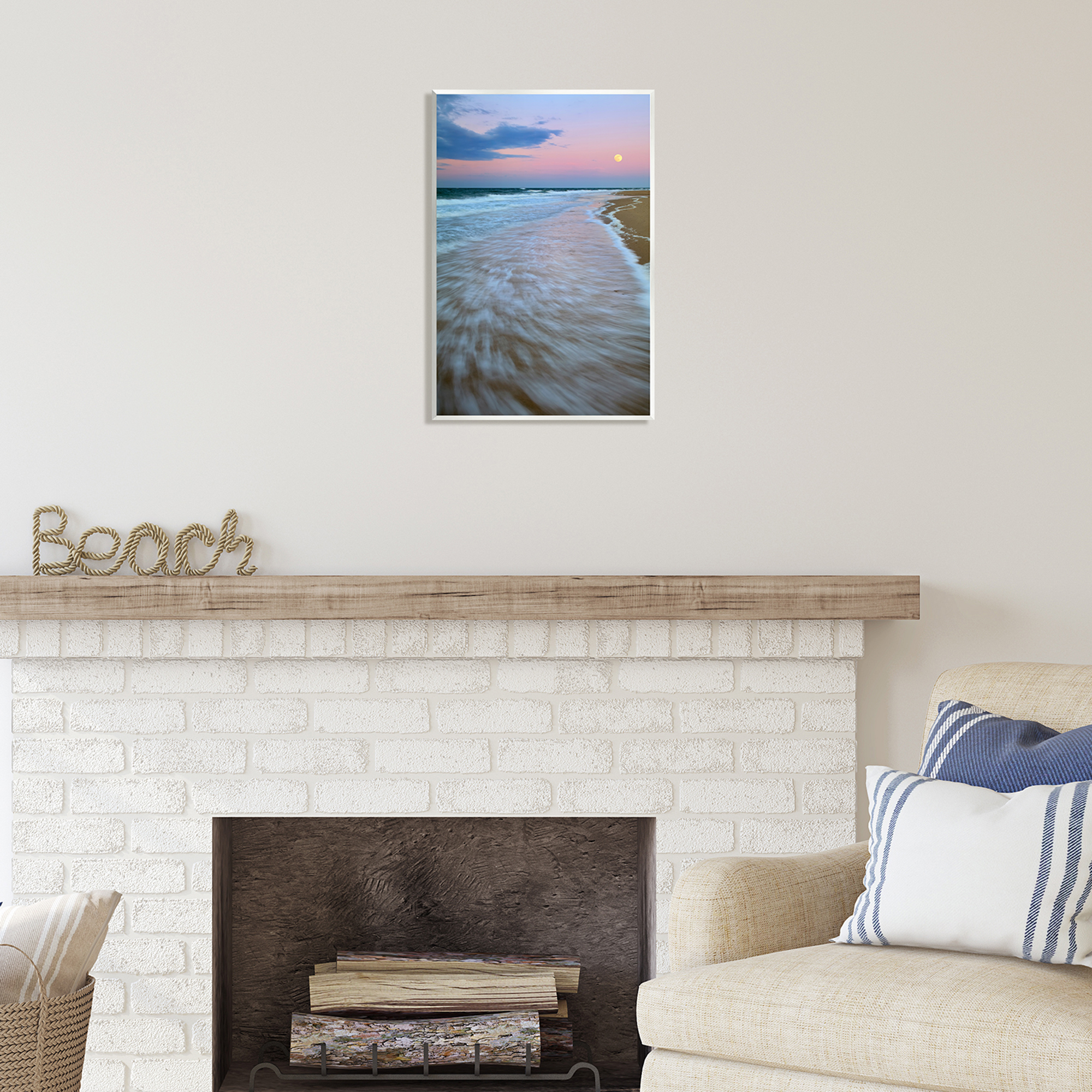 Stupell Industries Sunset Moon Warm Pink Beach Sky Coastal Photography Unframed Art Print Wall Art