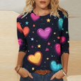 thumbnail image 1 of TaTaai Women's Valentine Heart Print 3/4 Sleeve Round Neck Loose T-Shirt, Valentine's Day Gift, Casual Daily Home Work Top Gift, 1 of 5