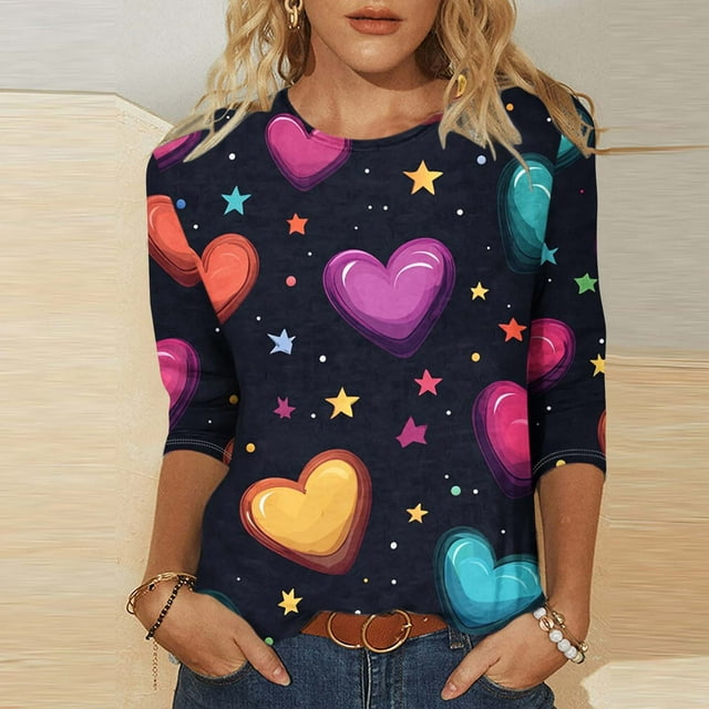TaTaai Women's Valentine Heart Print 3/4 Sleeve Round Neck Loose T-Shirt, Valentine's Day Gift, Casual Daily Home Work Top Gift