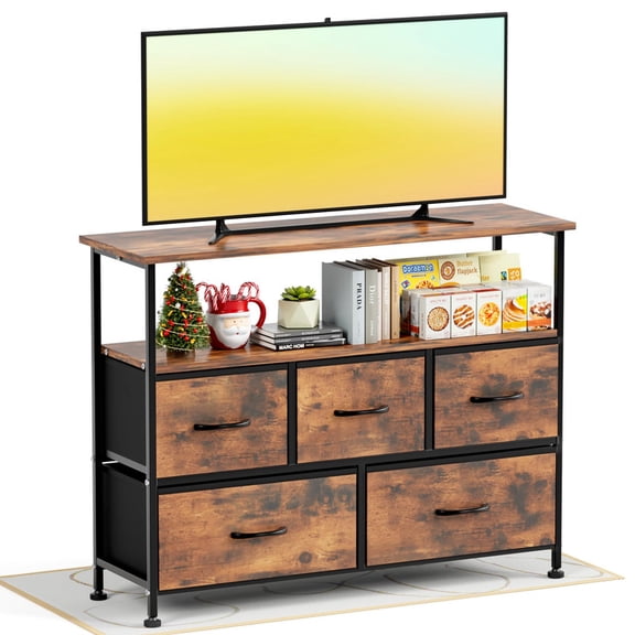 Simple Deluxe TV Stand Dresser for Bedroom Entertainment Center with 5 Fabric Drawers, Storage Organizers Units for Living Room, Media Console Table with Open Shelf up for 45" TV, Brown