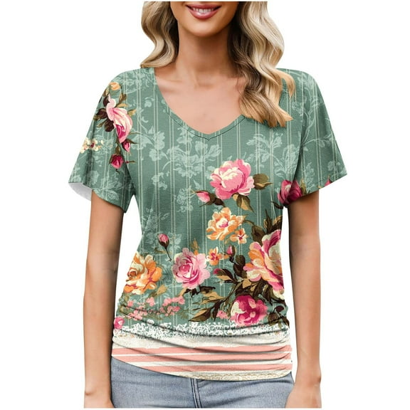 qucoqpe Summer Tops for Women 2026 Fashion Floral Printed V Neck Pleated Short Sleeve Tee Casual Loose Pullover Blouses Shirts