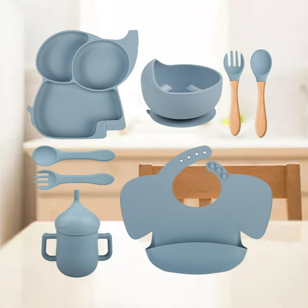 Juego De Vajilla Para Bebé Platos de alimentación de silicona suave para bebés, plato con ventosa, cuenco, baberos, cuchara, tenedor (Y21) Tmvgtek Libre de BPA
