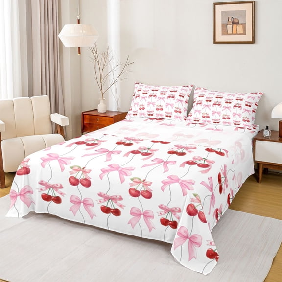jejeloiu Pink Ribbon Bowknot Twin Sheet Sets,Red Cute Cherry Bedding For Girls Kids 3pcs