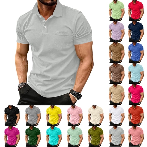 Men's Polo Shirt Causal Short Sleeve Solid Color Pocket Stylish Shirts Workout Golf Sports Tees Slim Fit Business Summer Tops Light Gray 3XL