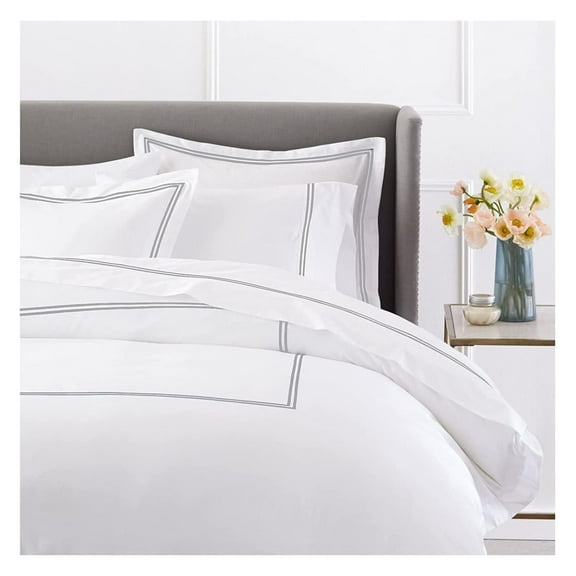 Luxury 400-Thread-Count Egyptian Cotton Embroidered Duvet Cover Set with Beautiful 2-Stripe Embroidery King Dark Grey Solid