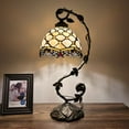 thumbnail image 4 of Tiffany Table Lamp Beige Stained Glass Crystal Beans Iron Metal Leaves Bronze Base Included LED Bulb Vintage for Living Room Dining Room Bedroom Bedside Office Hotel H21", 4 of 8